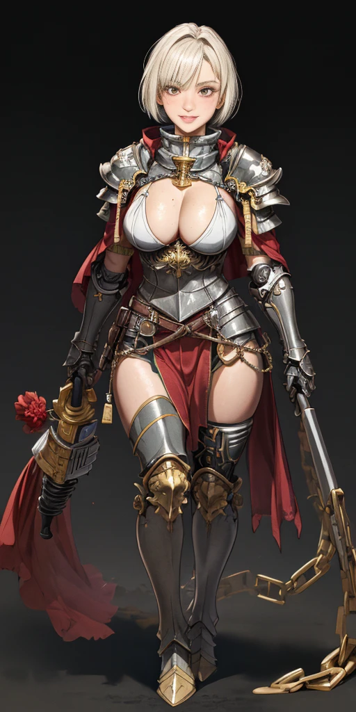 Masterpiece, (flat black background:1.2) solo, detailed face, intricate iris, thick lips, robot girl, (gold and white skin), realistic illustration of a (cyborg girl), (RED eyes), IvoryGoldAI, (freckles),(holding BREATHTAKING:1.2), (gold and white armor:1.2), (looking at viewer:1.2), parted lips, standing straight symmetrical, looking at viewer, lustful smirking smile face red blushed red cheeks, thick thighs, thigh highs, thigh, boots, armor, armored boots, full body armor, bikini armor, big breastplate, pauldron, bracers, leather black choker, tiger claws gloves, short bob white haircut, helmeted, metal shoulders, red long loincloth, longest blue cape reach to the waist, shackles and chains wristbands