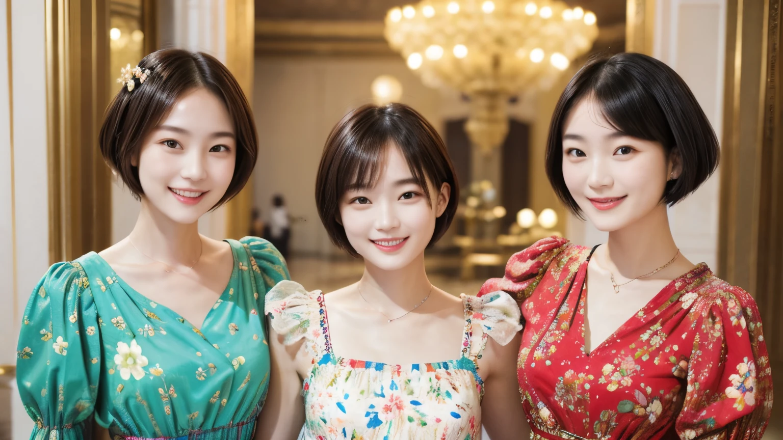 217 Short Hair, 20-year-old woman, A kind smile, Floral, (Colorful Dresses, Luxury palace)