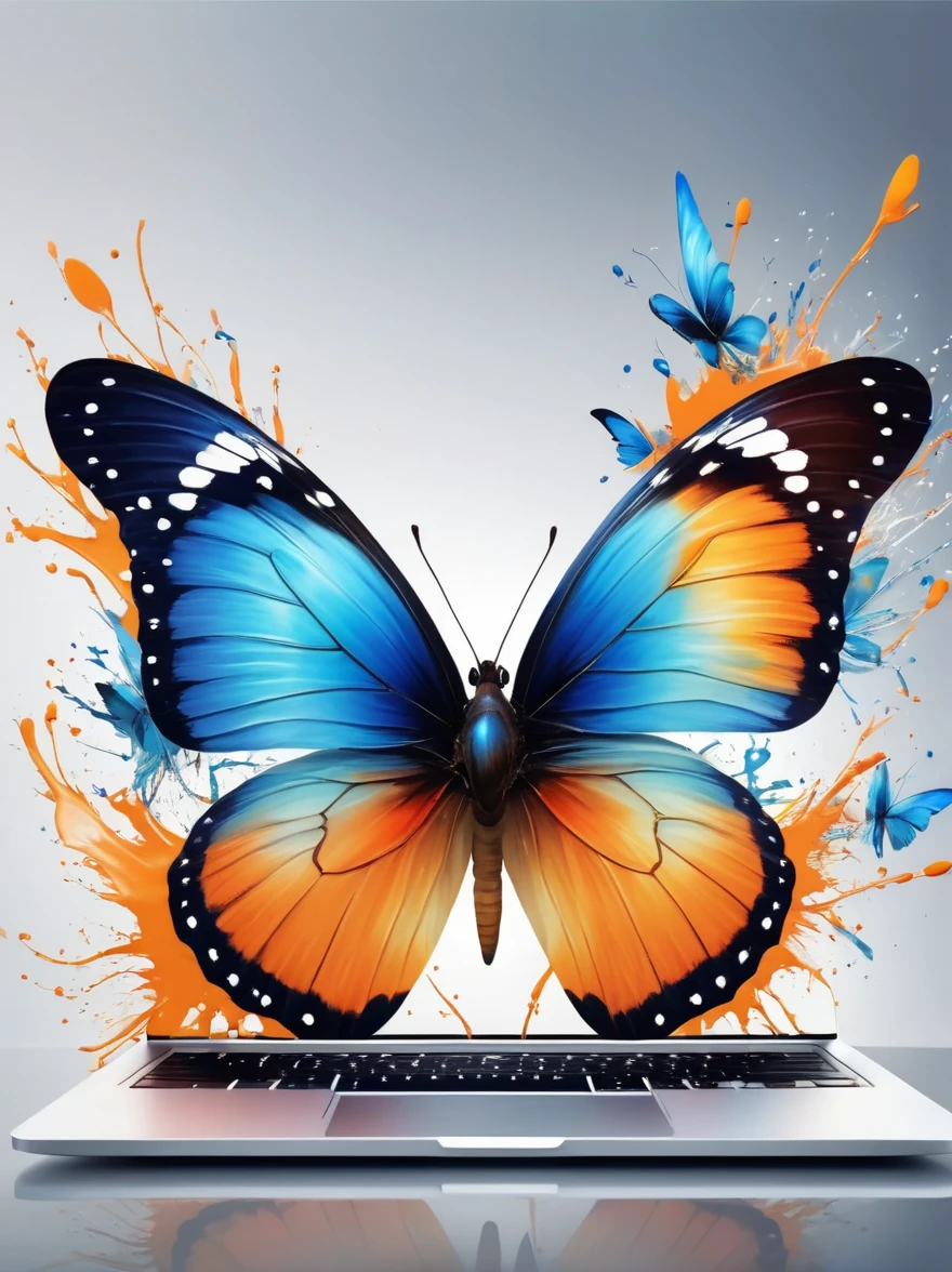 The clock on the laptop screen is ticking，hyper-realistic illustration，Splash of Color，(A stunning butterfly，Its wings spread out，Showing dazzling colors，The upper sides of the wings feature a vibrant mix of blue hues，The lower side is a charming mixture of orange and)，Speed and movement style，The background is displayed in white