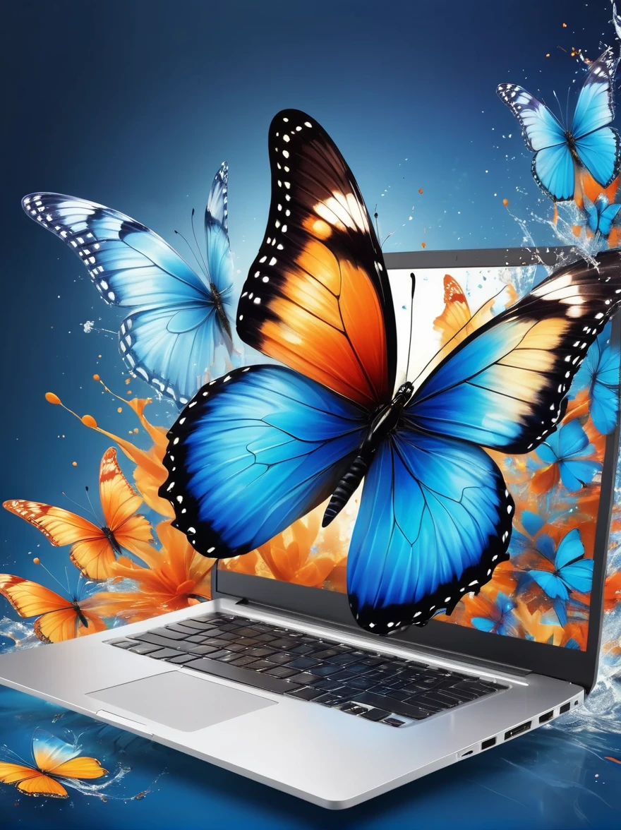 The clock on the laptop screen is ticking,hyper-realistic illustration,Splash of Color,(A stunning butterfly,Its wings spread out,Showing dazzling colors,The upper sides of the wings feature a vibrant mix of blue hues,The lower side is a charming mixture of orange and),Speed and movement style,The background is displayed in white