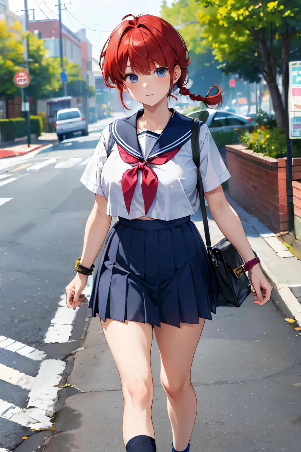 ((((masterpiece)))), high quality, very_high_resolution, large_filesize, full color, heavy outline, clear outline, colorful, (beautiful detailed eyes), (beautiful face:1.3), boyish face, 1 girl, (femaleranma), (red hair), short hair, (braided ponytail), ((bangs)), bumpy bangs, blue-gray eyes, big breasts, curvy, black-wristbands, for summer , sailor suit , pleated_skirt , pink striped pantie , socks , sneakers , good morning. , (front view:1.3) , (walking slowly:1.3) , She is holding a black bag in her right hand. , (happy) , blurry background , on road , puddle on the road , way to school , early summer ,