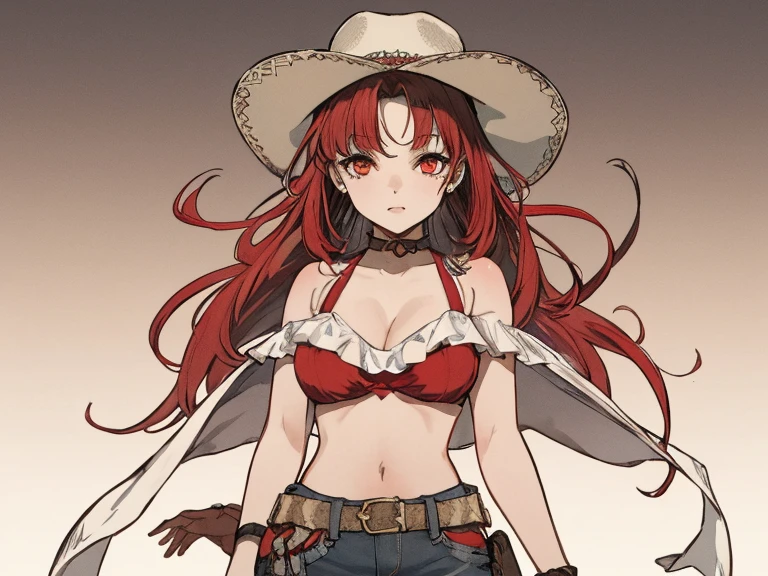 ((melhor qualidade)), ((obra de arte)), (detalhado), rosto perfeito, a girl, red short hair, red eyes, cowgirl clothes, cowgirl hat, wild west desert background,  