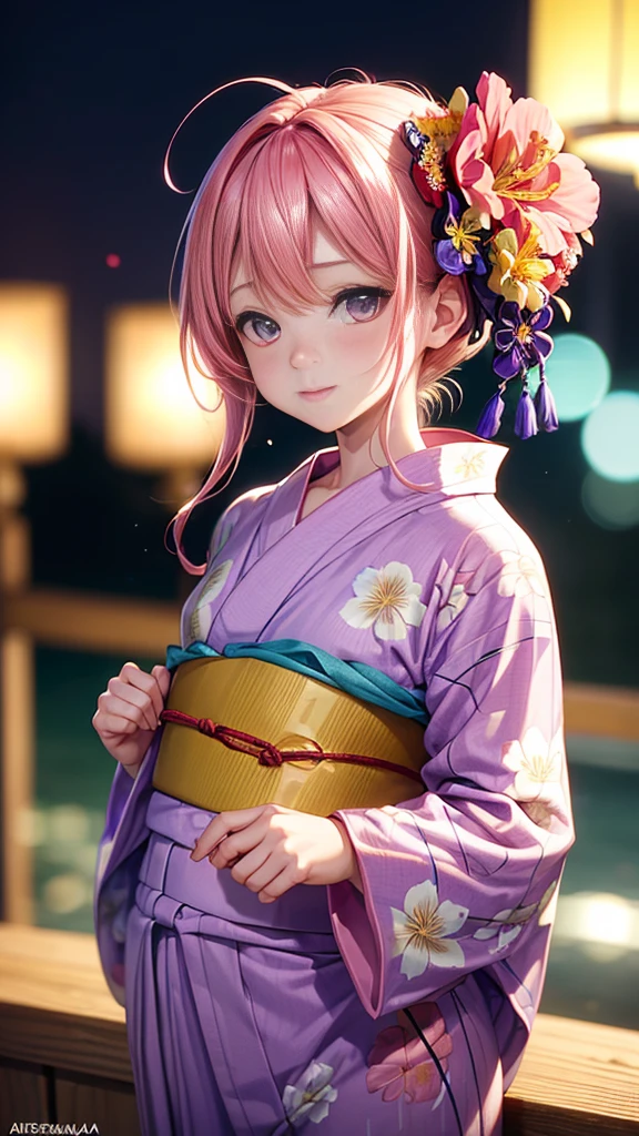(masterpiece, highest quality:1.4), Beautiful Face, 8k, 85mm, Absurd, (Floral Yukata:1.4), Face close-up, violet, Gardenia, Delicate girl, alone, night, View audience, Upper Body, Film Grain, chromatic aberration, Sharp focus, Face Light, Professional Lighting, Sophisticated, (smile:0.4), (Simple Background, Bokeh Background:1.2), detailed aspects,(((Showing one nipple:0.57))),((Very young and small:1.2),(Pink hair with flowers:1),((Show your vagina:1.0)),(Cum flowing from the vagina),(Womanizer in the vagina),