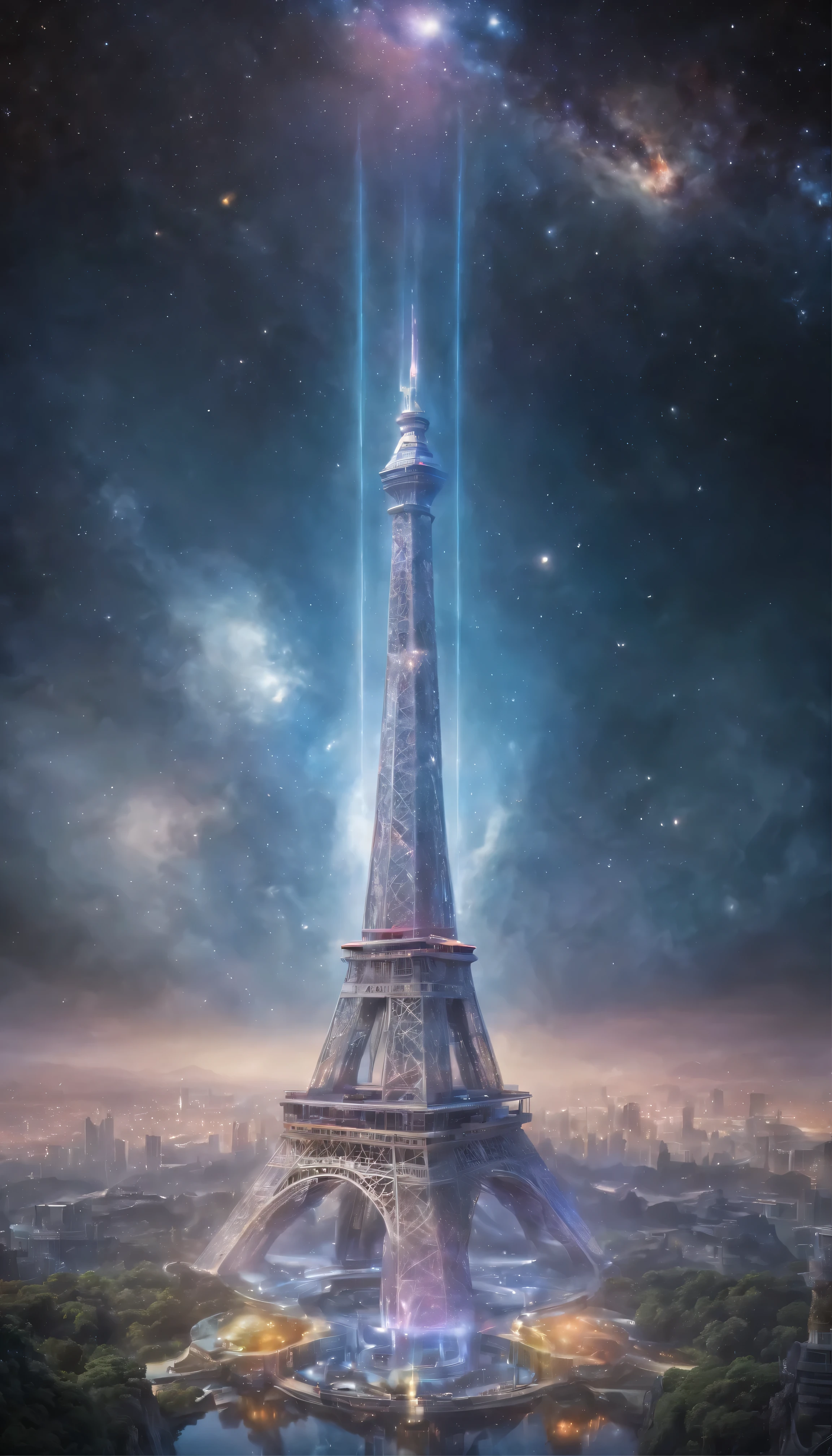 The ultimate sci-fi fantasy tower at the center of the universe、A breathtaking view unfolds。The towering, intricately designed structure shines in the colors of the rainbow、It spreads into the infinite universe。3D facets cover all surfaces、Each line and angle is perfectly defined.、Create ultra-realistic and detailed masterpieces。At the center of this magnificent universe、There is a majestic structure with wings。Its metallic luster、Reflecting the airy light particles swirling in the atmosphere、It flows down its surface in fascinating patterns.。The complex design of the structure、It demonstrates the ultimate fusion of technological capabilities.