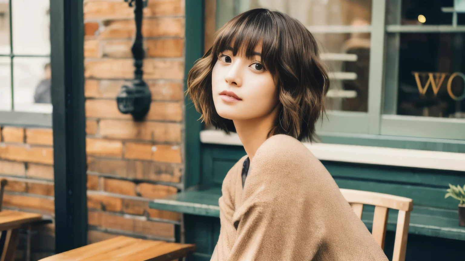 super high quality, Fashion Model, short hair, thin, (8k、RAW Photos、highest quality、masterpiece:1.2), Japanese Idols, Serious expression, Shaggy, Brown Hair, Stylish cafe, Fashion magazine shooting, People having fun at the cafe々Bustling with., (Realistic、Realistic:1.37), Beautiful Face , Normal chest, Urban Cafe, A gentle gaze, Spring Clothes, Dress neatly, 