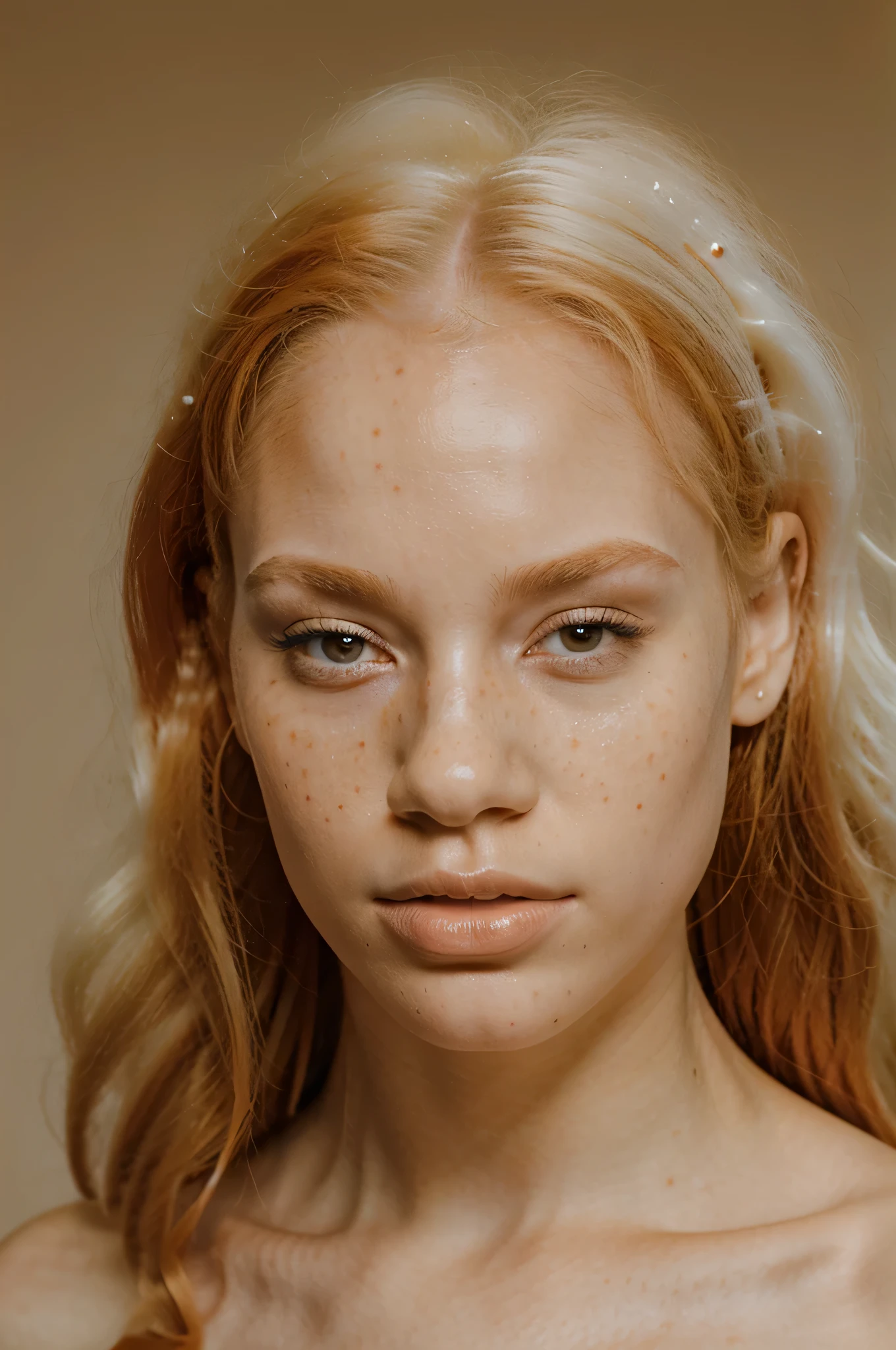 beautiful albino girl with fine facial features, long curly orange afro, white complexion , freckles, big nose, strong jawline, brown eyes, 21 years old, pale skin