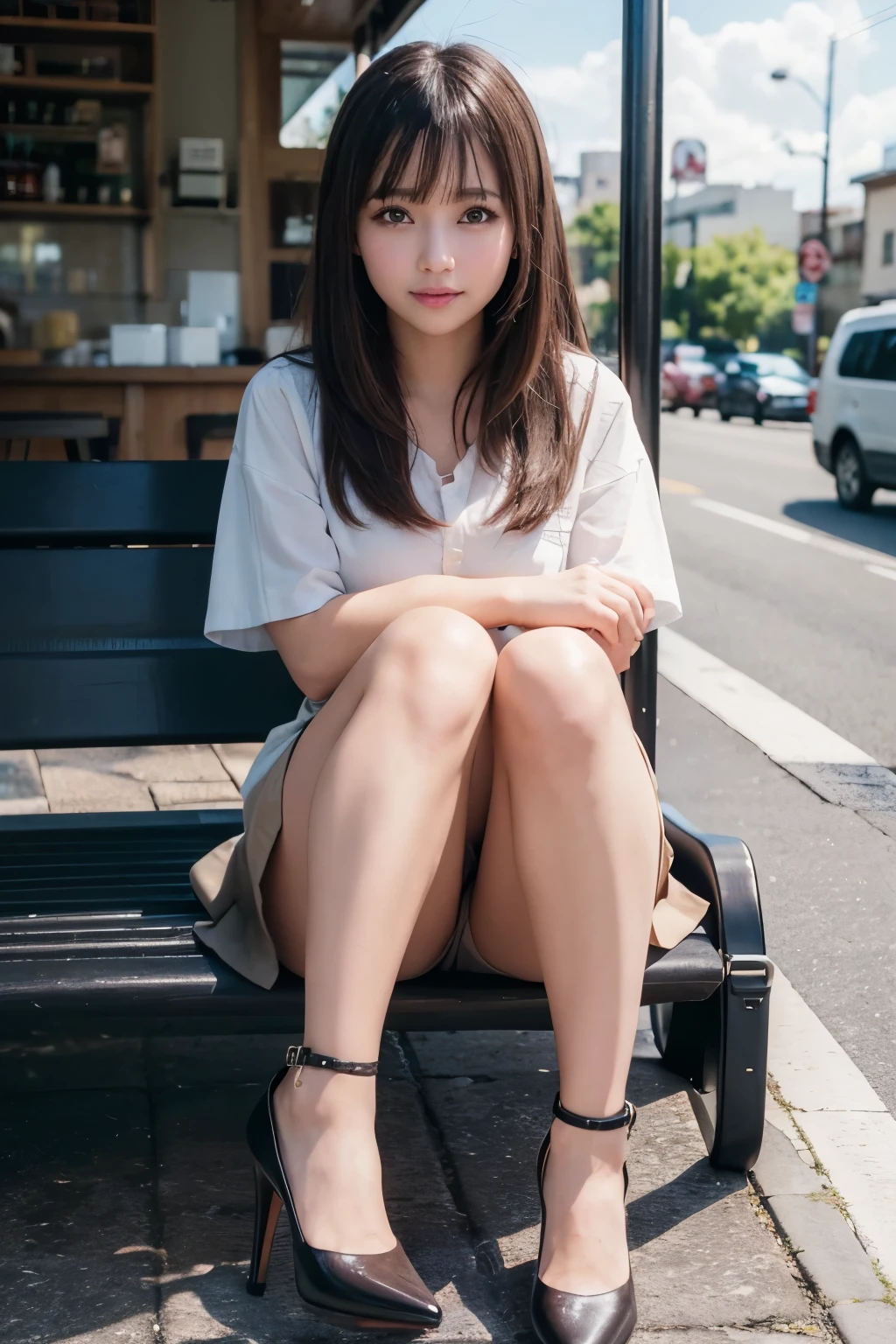 (Realistic, Photorealistic: 1.37), (Masterpiece), (Best Quality: 1.4), (Ultra High Resolution: 1.2), (RAW Photo: 1.2), (Sharp Focus: 1.3), (Facial Focus: 1.2), Elegant, (Full Body: 1.2), Best Quality, Masterpiece, (Realism: 1.2), A Girl, Brown Hair, Brown Eyes, Frontal, Detailed Face, Beautiful Eyes, Pleated Mini-Skirt , Sitting at a Bus Stop (1.5), Biting Smile, Lots of Eyelashes, High Heels, Very pretty