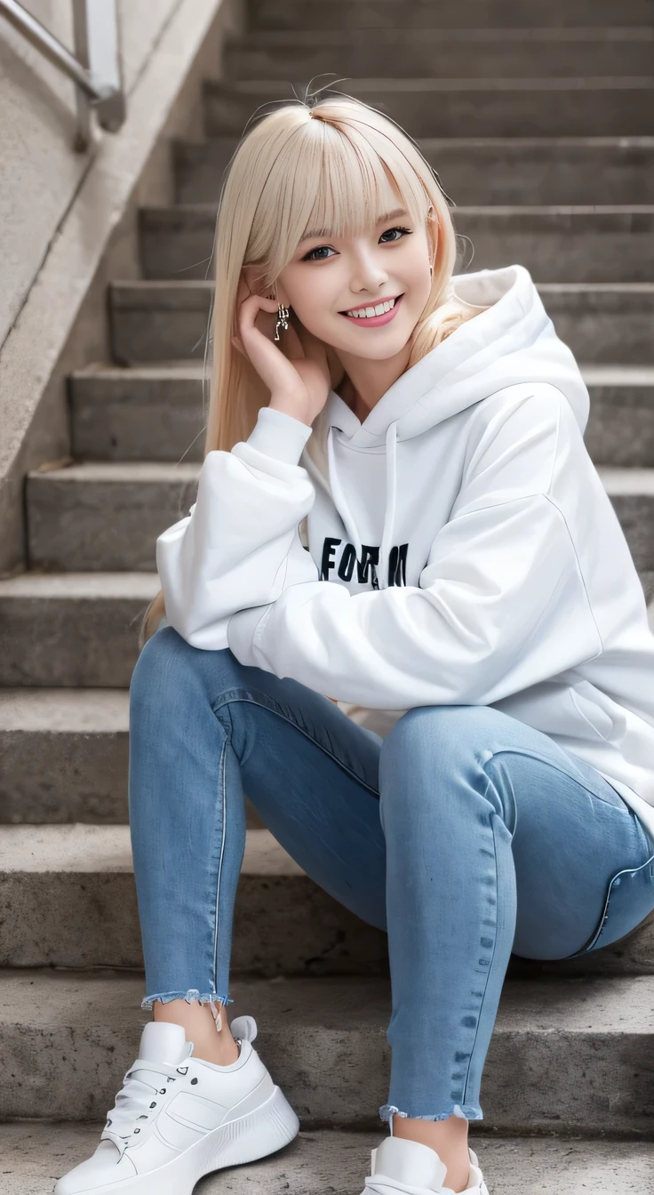highest quality, Realistic, Very detailed, The finer details, High resolution, 8k wallpaper, One beautiful woman,Sit on the stairs、 Oversized hoodie, Skinny jeans, White sneakers, Platinum Blonde Hair, hairstyle semi long、Beautiful Bangs、Ear piercing、smile、Beautiful teeth alignment、Perfect dynamic composition, Beautiful and detailed, Full Body Shot, A big smile