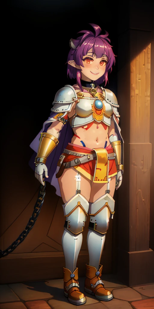 Masterpiece, (flat black background:1.2) solo, detailed face, intricate iris, thick lips, robot girl, (gold and white skin), realistic illustration of a (cyborg girl), (RED eyes), IvoryGoldAI, (freckles),(holding BREATHTAKING:1.2), (gold and white armor:1.2), (looking at viewer:1.2), parted lips, standing straight symmetrical, looking at viewer, lustful smirking smile face red blushed red cheeks, thick thighs, thigh highs, thigh, boots, armor, armored boots, full body armor, bikini armor, big breastplate, pauldron, bracers, leather black choker, tiger claws gloves, short bob white haircut, helmeted, metal shoulders, red long loincloth, longest blue cape reach to the waist, shackles and chains wristbands