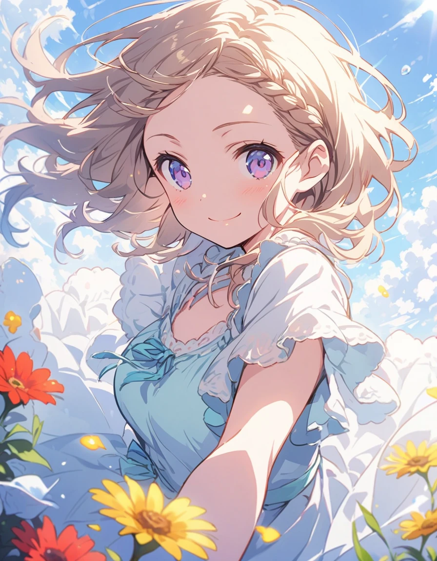 highest quality,, One girl, woman,(Smiling), Mid-chest, (bright), (western style garden), (Warm spring sunshine)、Braided bangs, (blouse:1.5), (I wore:0.8), nice, bloom, Floating Hair, (Dynamic pose:0.6) , Soft lighting, Flower Garden、(highest quality、masterpiece、High resolution、detailed)、animeスタイル、Flat Style、(Shine目、detailed美しい顔), BREAK,1 girl、floating, (High saturation), (Shine), Focus on the face,extremely detailed、Dynamic Angle、anime