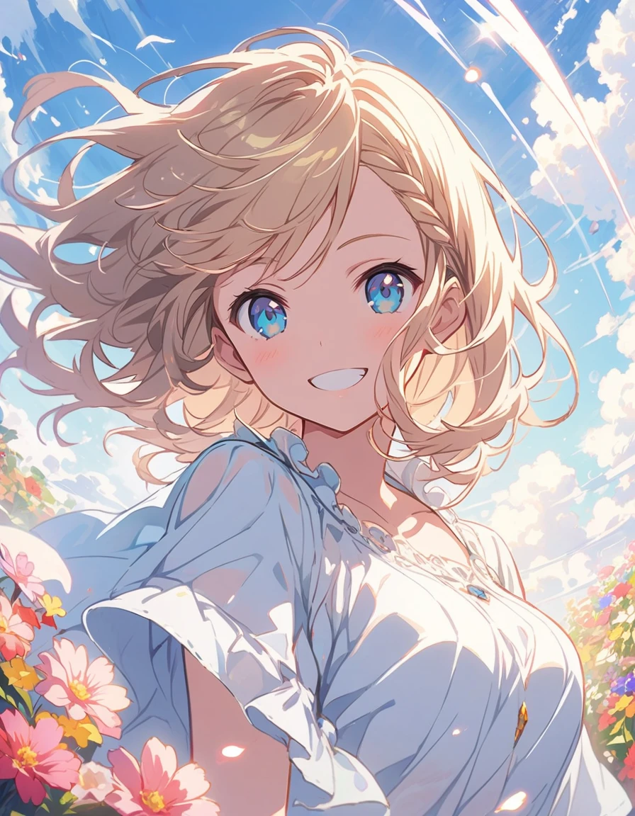 highest quality,, One girl, woman,(Smiling), Mid-chest, (bright), (western style garden), (Warm spring sunshine)、Braided bangs, (blouse:1.5), (I wore:0.8), nice, bloom, Floating Hair, (Dynamic pose:0.6) , Soft lighting, Flower Garden、(highest quality、masterpiece、High resolution、detailed)、animeスタイル、Flat Style、(Shine目、detailed美しい顔), BREAK,1 girl、floating, (High saturation), (Shine), Focus on the face,extremely detailed、Dynamic Angle、anime