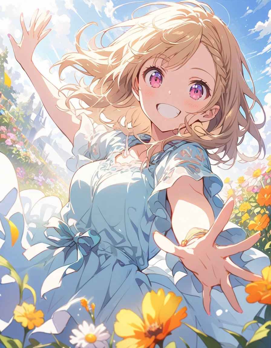 highest quality,, One girl, woman,(Smiling), Mid-chest, (bright), (western style garden), (Warm spring sunshine)、Braided bangs, (blouse:1.5), (I wore:0.8), nice, bloom, Floating Hair, (Dynamic pose:0.6) , Soft lighting, Flower Garden、(highest quality、masterpiece、High resolution、detailed)、animeスタイル、Flat Style、(Shine目、detailed美しい顔), BREAK,1 girl、floating, (High saturation), (Shine), Focus on the face,extremely detailed、Dynamic Angle、anime