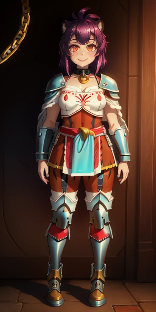 Masterpiece, (flat black background:1.2) solo, detailed face, intricate iris, thick lips, robot girl, (gold and white skin), realistic illustration of a (cyborg girl), (RED eyes), IvoryGoldAI, (freckles),(holding BREATHTAKING:1.2), (gold and white armor:1.2), (looking at viewer:1.2), parted lips, standing straight symmetrical, looking at viewer, lustful smirking smile face red blushed red cheeks, thick thighs, thigh highs, thigh, boots, armor, armored boots, full body armor, bikini armor, big breastplate, pauldron, bracers, leather black choker, tiger claws gloves, short bob white haircut, helmeted, metal shoulders, red long loincloth, longest blue cape reach to the waist, shackles and chains wristbands