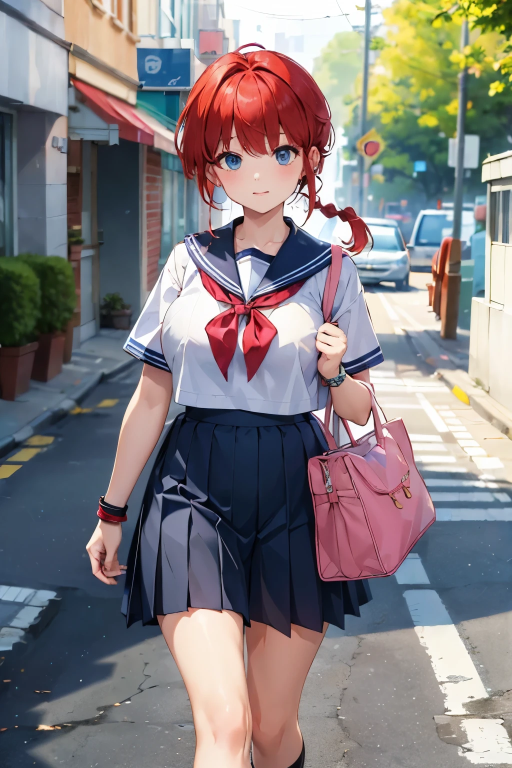 ((((masterpiece)))), high quality, very_high_resolution, large_filesize, full color, heavy outline, clear outline, colorful, (beautiful detailed eyes), (beautiful face:1.3), boyish face, 1 girl, (femaleranma), (red hair), short hair, (braided ponytail), ((bangs)), bumpy bangs, blue-gray eyes, big breasts, curvy, black-wristbands, for summer , sailor suit , pleated_skirt , pink striped pantie , socks , sneakers , good morning. , (front view:1.3) , (walking slowly:1.3) , She is holding a black bag in her right hand. , (happy) , blurry background , on road , puddle on the road , way to school , early summer , cowboy shot, 