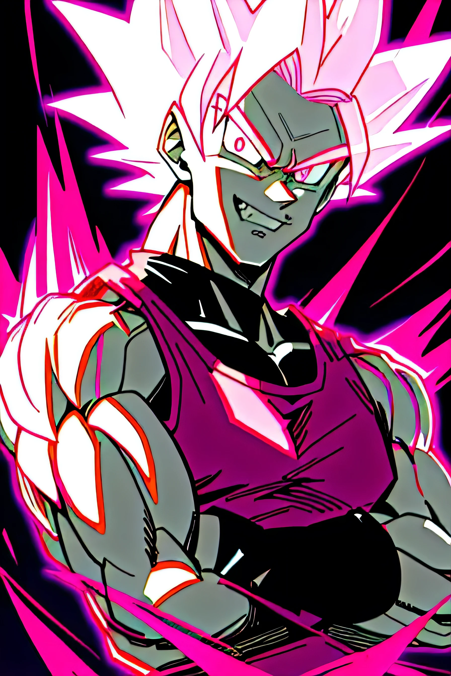 Best quality, masterpiece, ultra high res, evil looking, dragon ball style, sharp eyes, glowing pink pupils, shirt spikey white hair, evil grin, crossed arms, pink tank top, low exposure, black background, character lit by pink lights, sharp features