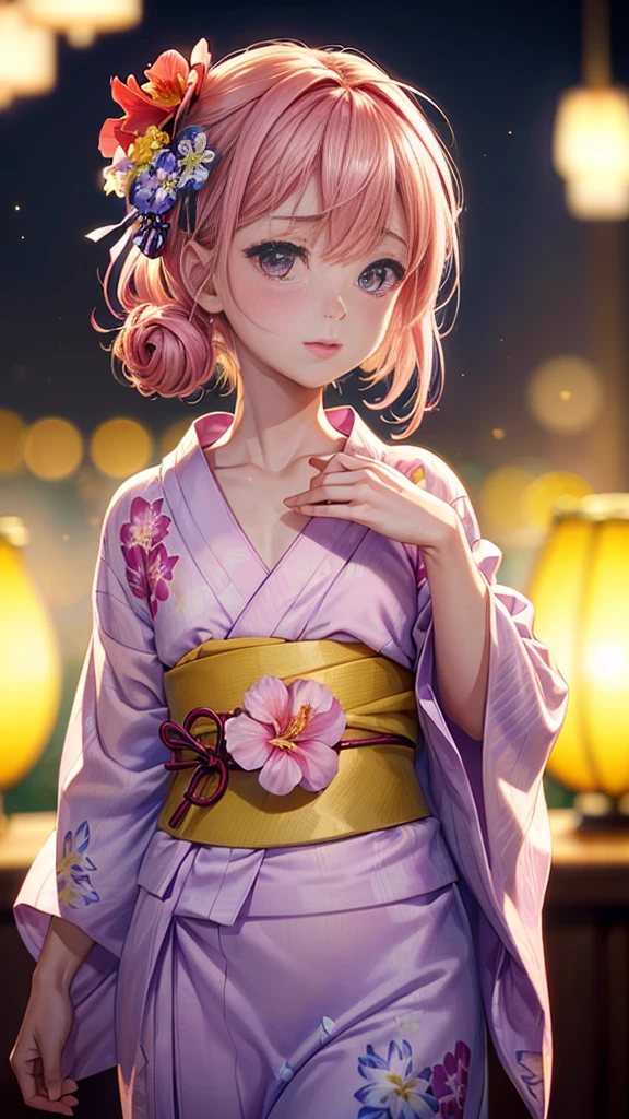 (masterpiece, highest quality:1.4), Beautiful Face, 8k, 85mm, Absurd, (Floral Yukata:1.4), Face close-up, violet, Gardenia, Delicate girl, alone, night, View audience, Upper Body, Film Grain, chromatic aberration, Sharp focus, Face Light, Professional Lighting, Sophisticated, (smile:0.4), (Simple Background, Bokeh Background:1.2), detailed aspects,(((Showing one nipple:0.57))),((Very young and small:1.2),(Pink hair with flowers:1),((Show your vagina:1.2)),(Cum flowing from the vagina),(Womanizer in the vagina),