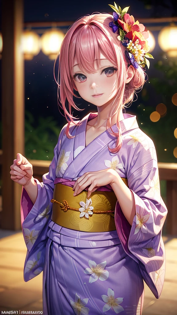 (masterpiece, highest quality:1.4), Beautiful Face, 8k, 85mm, Absurd, (Floral Yukata:1.4), Face close-up, violet, Gardenia, Delicate girl, alone, night, View audience, Upper Body, Film Grain, chromatic aberration, Sharp focus, Face Light, Professional Lighting, Sophisticated, (smile:0.4), (Simple Background, Bokeh Background:1.2), detailed aspects,(((Showing one nipple:0.57))),((Very young and small:1.2),(Pink hair with flowers:1),((Show your vagina:1.2)),(Cum flowing from the vagina),(Womanizer in the vagina),