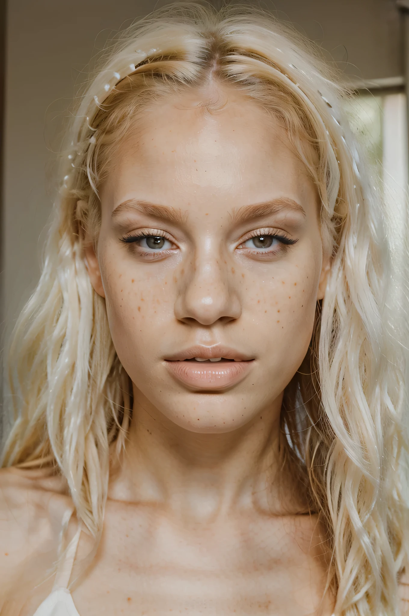 beautiful albino girl with fine facial features, long curly blonde afro, white complexion , freckles, big nose, strong jawline, brown eyes, 21 years old, pale skin