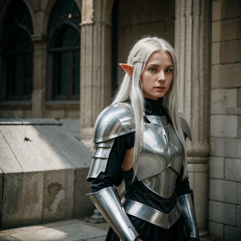 Elf knight with steel armor and long white hair early thirties 