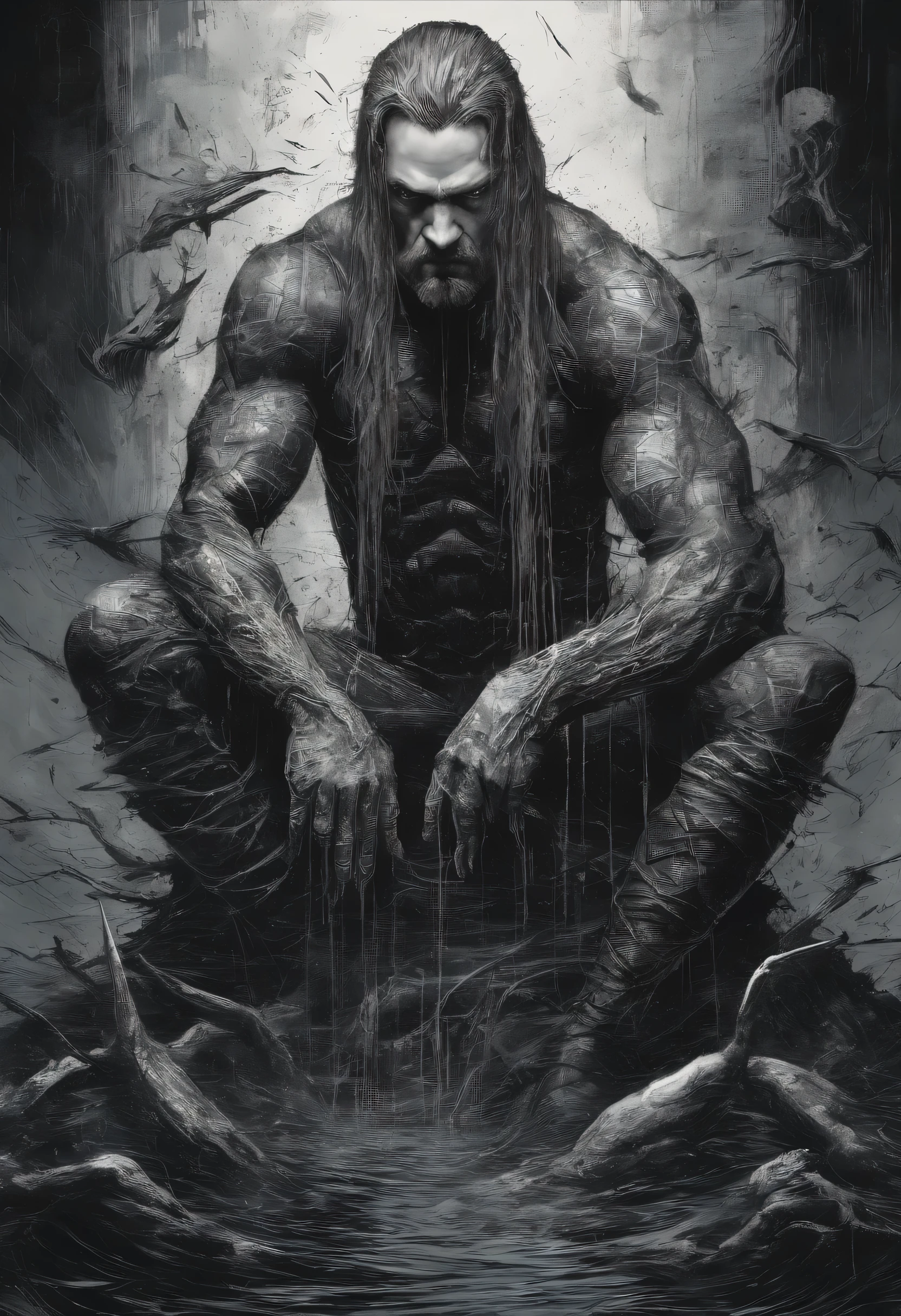 Male Aquaman, Perfect centralization, coelho (franco)de Donnie, Standing position, beleza abstrata, Centrado, looking at the camera, Facing the camera, nearing perfection, triste, desespero, corpo inteiro, hands on her head, Dynamic, altamente detalhado, liso, sharp focus, 8k, high-definition resolution, illustration, arte de Carne Griffiths e Wadim Kashin, fundo branco