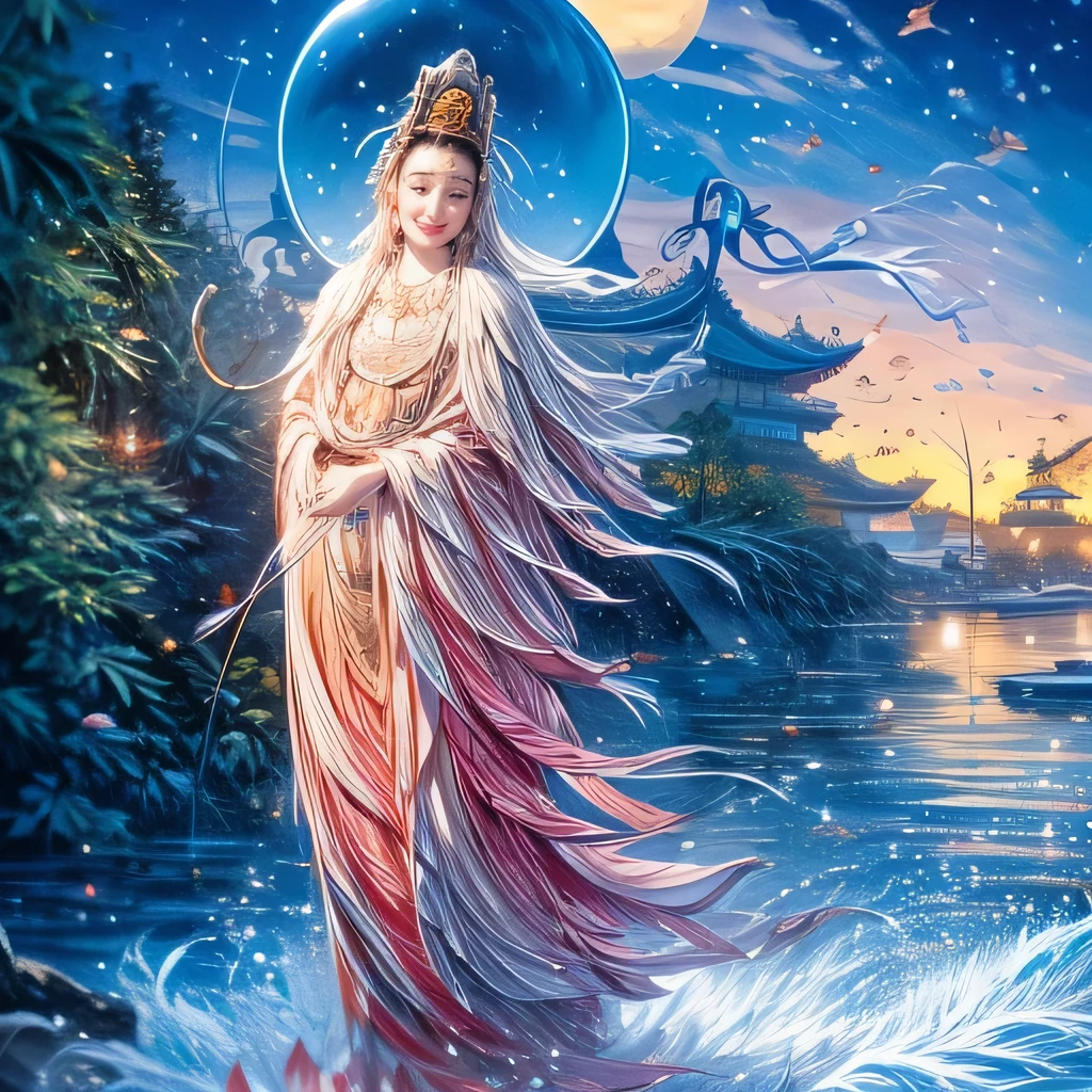 ((best quality)), ((masterpiece)), (detailed) ,
((guanyin,1girl),water,traditional media,jewelry, moon,flowers),
 (xinjin ,chinese text,  text focus,wall of text),
jile, east asian architecture,architecture,