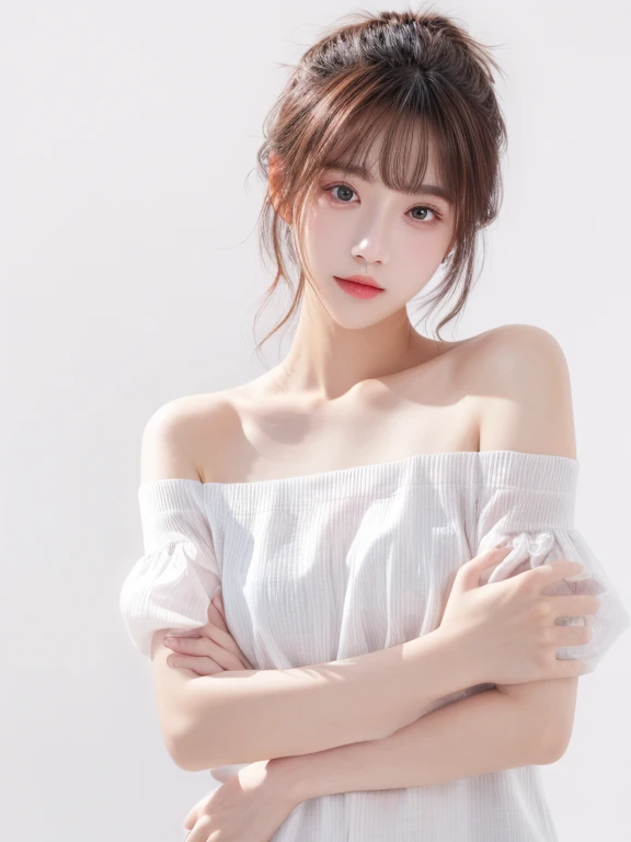 (((Chignon、blouse、Off the shoulder、one piece、White background)))、forehead、Northern Europe、Russia、beautiful girl、Platinum Blonde Hair、Straight long hair、Hitting the face and front of the eyes、Big blue eyes、Sheer white and wet nightgown、Northern Europeの若者、Perfect body、White tendons、Glowing Skin、Young and beautiful skin、A perfect and beautiful little face、Bright makeup、Pale pink lips、Bright expression、16-year-old girl、lipstick、Deceptive advertising、Viewer's vision、Golden Hour Lighting、Bokeh Atmosphere Perspective、detailed、Movie Light、複雑なdetailed、High resolution、 フェイスデザインのdetailedな特徴、Attention to detail、Clear focus、Smoothness、aesthetics、Printed、Octane、{{masterpiece}}