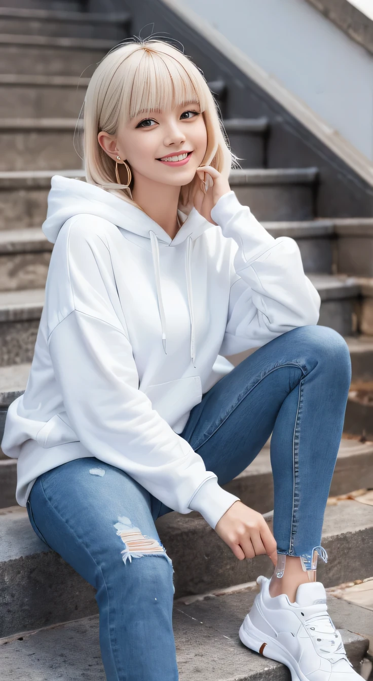 highest quality, Realistic, Very detailed, The finer details, High resolution, 8k wallpaper, One beautiful woman,Sit on the stairs、 Oversized hoodie, Skinny jeans, White sneakers, Platinum Blonde Hair, hairstyle semi long、Beautiful Bangs、Ear piercing、smile、Beautiful teeth alignment、Perfect dynamic composition, Beautiful and detailed, Full Body Shot, A big smile