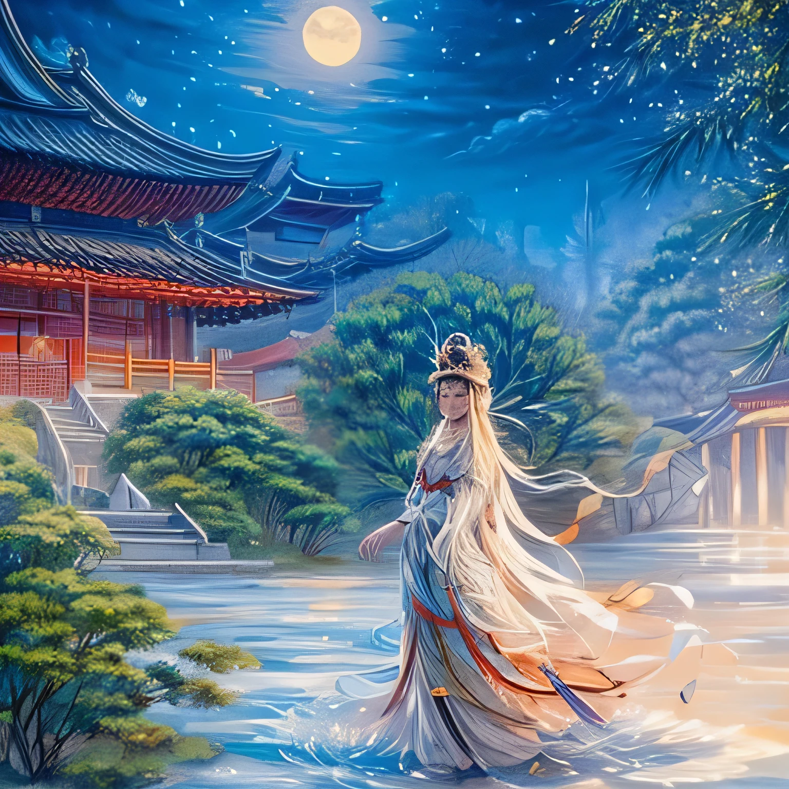 ((best quality)), ((masterpiece)), (detailed) ,
((guanyin,1girl),water,traditional media,jewelry, moon,flowers),
 (xinjin ,chinese text,  text focus,wall of text),
jile, east asian architecture,architecture,