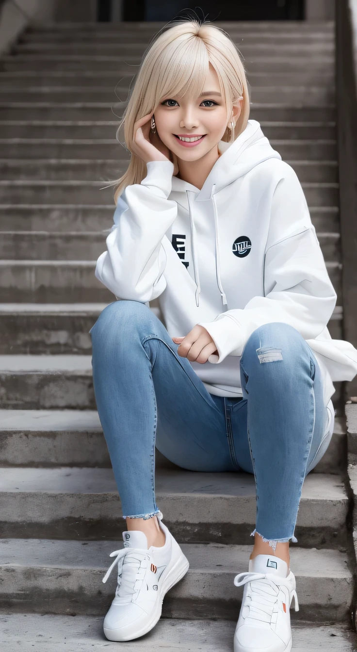 highest quality, Realistic, Very detailed, The finer details, High resolution, 8k wallpaper, One beautiful woman,Sit on the stairs、 Oversized hoodie, Skinny jeans, White sneakers, Platinum Blonde Hair, hairstyle semi long、Beautiful Bangs、Ear piercing、smile、Beautiful teeth alignment、Perfect dynamic composition, Beautiful and detailed, Full Body Shot, A big smile