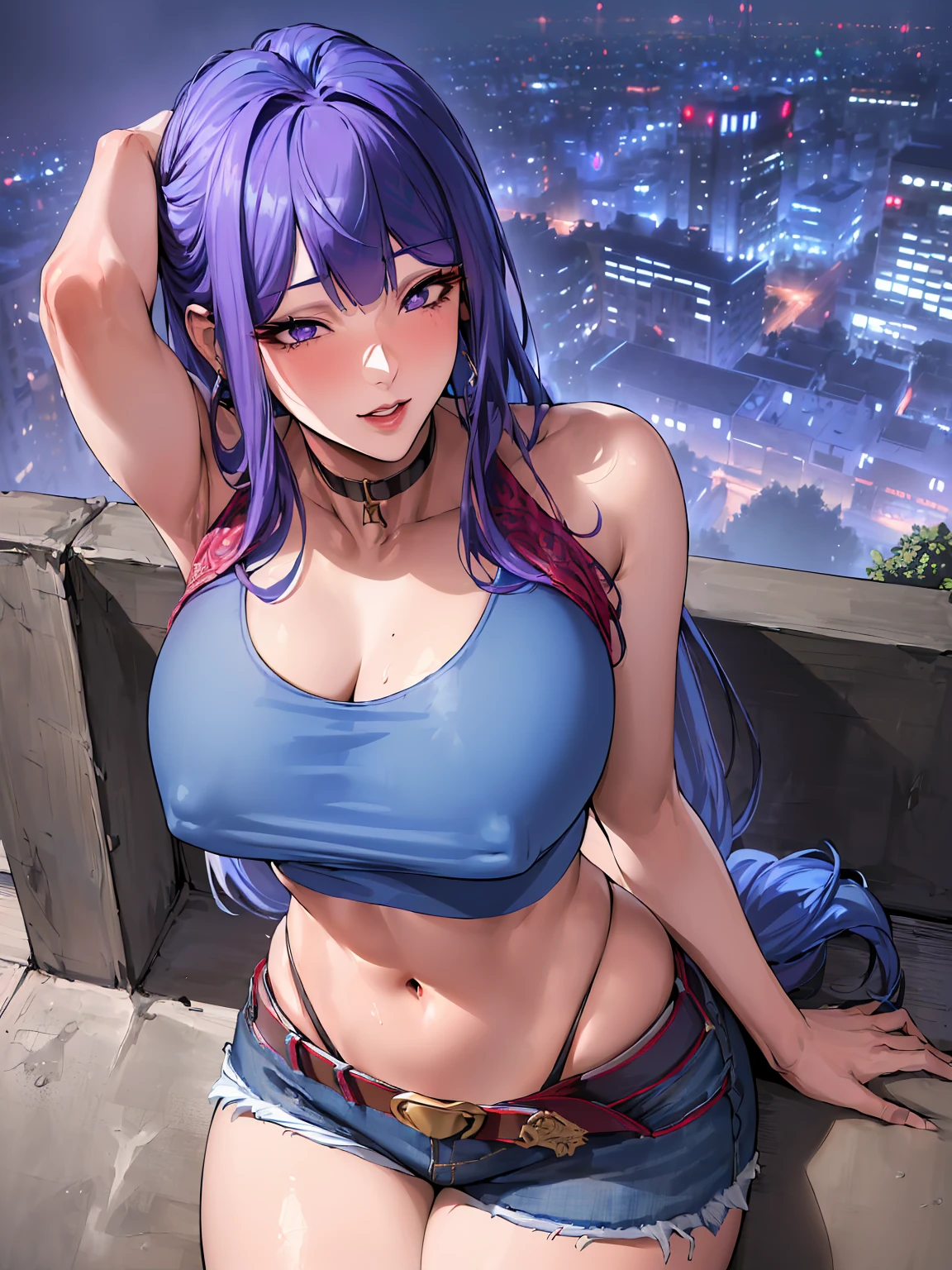 (((absurdres))), (((masterpiece))), (((best quality))), ((ultra-detailed)), ultra high quality, realistic, (real picture, intricate details, depth of field), ((((1girl, solo)))), make up, parted lips, highly-detailed, perfect face, (((mature woman, milf, skindentation))), ((huge breasts, wide hips, toned abdomen)), tall, glossy lips, sexy, blushing, ((blue hair, blunt bangs, very long hair)), ((beautiful purple eyes)), ((earrings, hair ornaments, choker)), (((t-shirt, crop top, exposed navel, tight denim shorts, belt))), (((erotic pose, sitting, from above))), smile, (((city streets, midnight:1.3)))
