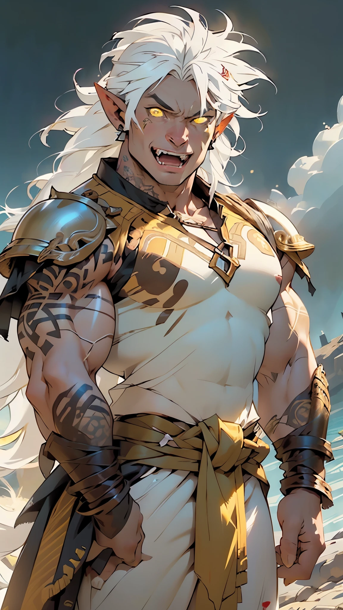 ((orc,orc male)),((((black race)))),((pointy ears)),(male:1.5),muscle,1boy,big muscle,pectoral,big pectoral, muscular,Mature man,man,adult,1 man,old macho man,an extremely detailed face,(((yellow_eyes:1.3))),intricate eyes,beautiful detailed eyes,symmetrical eyes,perfect face, ((detailed face)), ((athletic)),((muscular:1.5)),((toned body))
1 black man,tall,huge ,strong,black ,30 year old,tall and muscular,athletic body build,(((white hair,long white hair,messy hair:1.5))),
((((tan,dark skin:1.5,black skin:1.5,ebony skin,lustrous skin:1.5,bright skin: 1.5,shiny skin,very shiny skin,shiny body)))),
angry,((nsfw)),
((muscle legs,muscular thighs,muscular man,strong and muscular,muscular,huge stature,tall stature,very tall male,(ABS:1.1))),male orc,Orc man,Strong physique,the fit,((arm muscles,leg muscles)),(bulky:1.2)),(((fangs:1.5))),((prominent fangs protruding from their jaws)),((a broad flattened nose)),((expression is usually fierce and wild)),
(((armor chest,spike armor))),(green linen tunic, himation),((bulge in tunic)),(earrings),(loincloth),(((elaborate and intricate tattoo,tribal tattoos))),((tribal clothes:1.5)),(barbarian fur crop top),(wearing brown furs and hides),(leather straps),(((red war paint all over his body)))),((intricate outfit,intricate clothes)),(((intricate outfit,intricate clothes,ornate outfit))),
(dynamic pose:1.0),(centered,scale to fit dimensions,Rule of thirds),
((battlefield)),with dark stormy clouds,scenery:1.25,intricate scenery,((battlefield background)),
(Glossy tribal ornaments),highres,sharp focus,(ultra detailed,extremely detailed),(photorealistic artwork:1.37),(extremely detailed CG unity 8k wallpaper),(((vibrant colors,vibrant theme))),(intricate),(masterpiece),(best quality),artistic photography,(photography taken by sldr),(intricate background),perfect rendered face,perfect face details,realistic face,photo realistic,((intricate detail)),(((realism))),