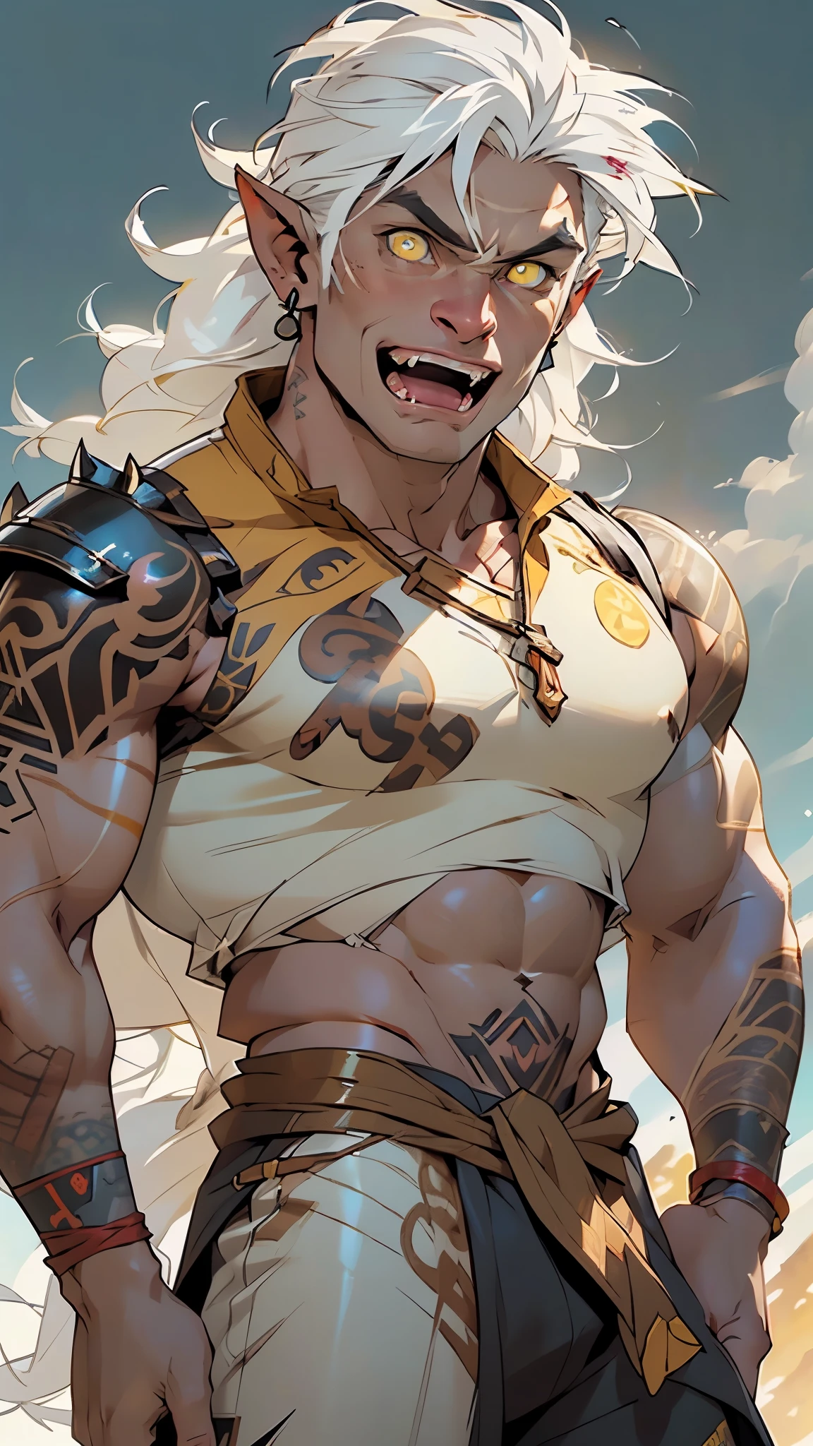((orc,orc male)),((((black race)))),((pointy ears)),(male:1.5),muscle,1boy,big muscle,pectoral,big pectoral, muscular,Mature man,man,adult,1 man,old macho man,an extremely detailed face,(((yellow_eyes:1.3))),intricate eyes,beautiful detailed eyes,symmetrical eyes,perfect face, ((detailed face)), ((athletic)),((muscular:1.5)),((toned body))
1 black man,tall,huge ,strong,black ,30 year old,tall and muscular,athletic body build,(((white hair,long white hair,messy hair:1.5))),
((((tan,dark skin:1.5,black skin:1.5,ebony skin,lustrous skin:1.5,bright skin: 1.5,shiny skin,very shiny skin,shiny body)))),
angry,((nsfw)),
((muscle legs,muscular thighs,muscular man,strong and muscular,muscular,huge stature,tall stature,very tall male,(ABS:1.1))),male orc,Orc man,Strong physique,the fit,((arm muscles,leg muscles)),(bulky:1.2)),(((fangs:1.5))),((prominent fangs protruding from their jaws)),((a broad flattened nose)),((expression is usually fierce and wild)),
(((armor chest,spike armor))),(green linen tunic, himation),((bulge in tunic)),(earrings),(loincloth),(((elaborate and intricate tattoo,tribal tattoos))),((tribal clothes:1.5)),(barbarian fur crop top),(wearing brown furs and hides),(leather straps),(((red war paint all over his body)))),((intricate outfit,intricate clothes)),(((intricate outfit,intricate clothes,ornate outfit))),
(dynamic pose:1.0),(centered,scale to fit dimensions,Rule of thirds),
((battlefield)),with dark stormy clouds,scenery:1.25,intricate scenery,((battlefield background)),
(Glossy tribal ornaments),highres,sharp focus,(ultra detailed,extremely detailed),(photorealistic artwork:1.37),(extremely detailed CG unity 8k wallpaper),(((vibrant colors,vibrant theme))),(intricate),(masterpiece),(best quality),artistic photography,(photography taken by sldr),(intricate background),perfect rendered face,perfect face details,realistic face,photo realistic,((intricate detail)),(((realism))),