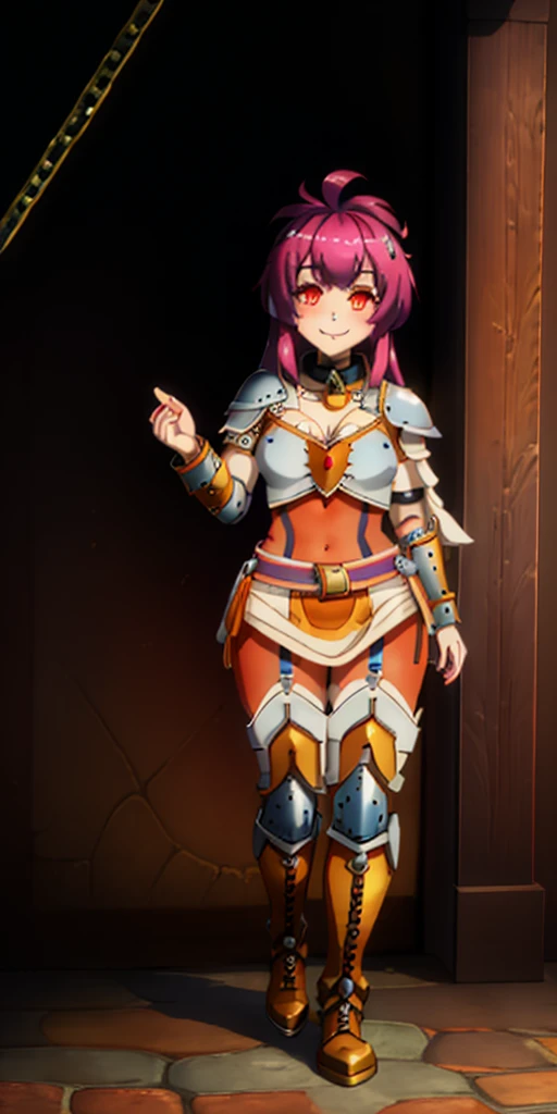 Masterpiece, (flat black background:1.2) solo, detailed face, intricate iris, thick lips, robot girl, (gold and white skin), realistic illustration of a (cyborg girl), (RED eyes), IvoryGoldAI, (freckles),(holding BREATHTAKING:1.2), (gold and white armor:1.2), (looking at viewer:1.2), parted lips, standing straight symmetrical, looking at viewer, lustful smirking smile face red blushed red cheeks, thick thighs, thigh highs, thigh, boots, armor, armored boots, full body armor, bikini armor, big breastplate, pauldron, bracers, leather black choker, tiger claws gloves, short bob white haircut, helmeted, metal shoulders, red long loincloth, longest blue cape reach to the waist, shackles and chains wristbands