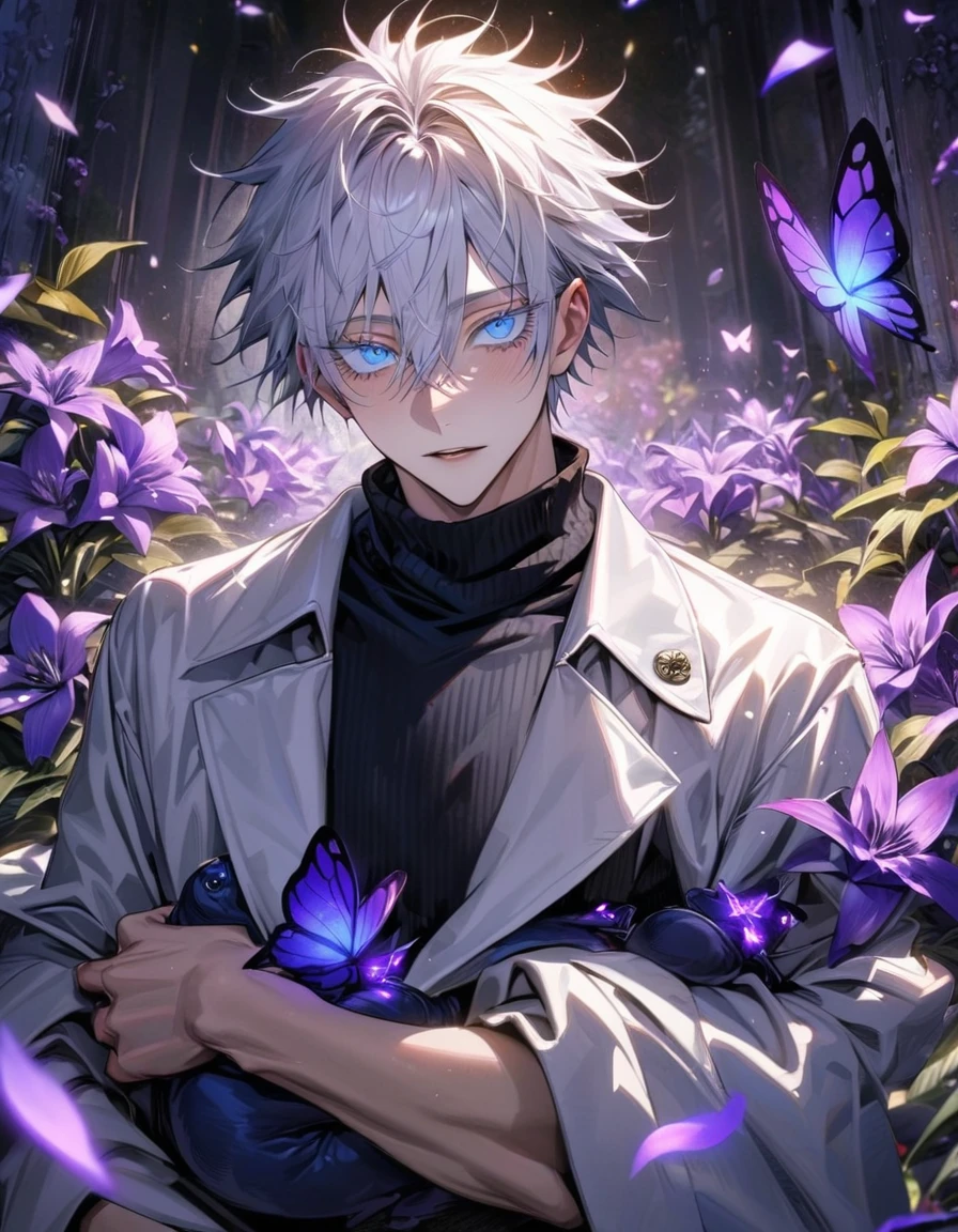 absurdres, highres, ultra detailed, HDR, master piece, best quality, Gojo Satoru, white hair with bangs, hair between the eyes, expressive blue eyes, white eyelashes, white coat, black tight turtleneck shirt, Jujutsu Kaisen, carrying Pochita, solo, man, handsome, purple shining butterflies, purple lilies, purple petals, garden