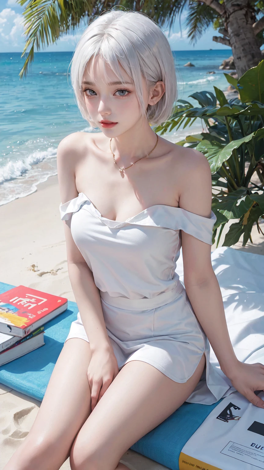 masterpiece, best quality, 1 girl, beach, sitting on a beach towel, white hair, short hair, Bare shoulders，he&#39;clavicle, armpit, (External), Smile,Thong, blush, summer, Beautiful breasts、Huge breasts:1.4，Full breasts