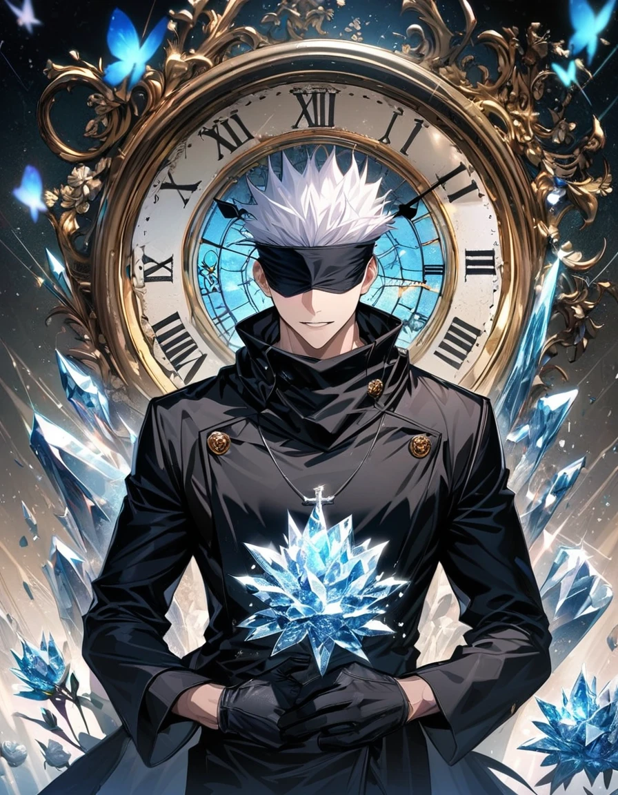 Ultra detailed, Highres, HDR, absurdres, master piece, Gojou Satoru, white hair, blindfolded eyes, black scarf, black leather long coat with patterns, black tight shirt, sexy man, extremely handsome, solo, extremely detailed face, Jujutsu Kaisen, cross silver necklace, black gloves, clock, glittering ice, ice glittering butterflies, ice flowers,