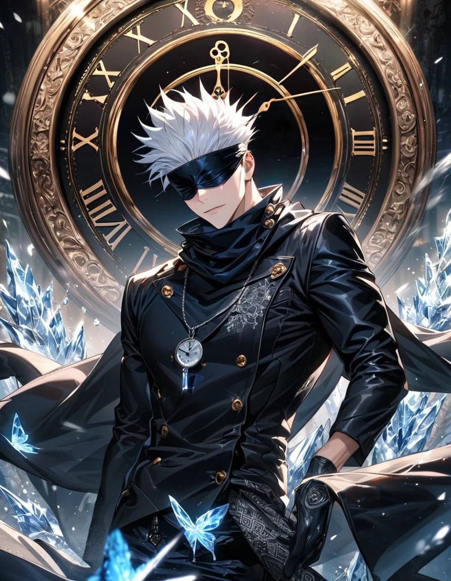 Ultra detailed, Highres, HDR, absurdres, master piece, Gojou Satoru, white hair, blindfolded eyes, black scarf, black leather long coat with patterns, black tight shirt, sexy man, extremely handsome, solo, extremely detailed face, Jujutsu Kaisen, cross silver necklace, black gloves, clock, glittering ice, ice glittering butterflies, ice flowers,