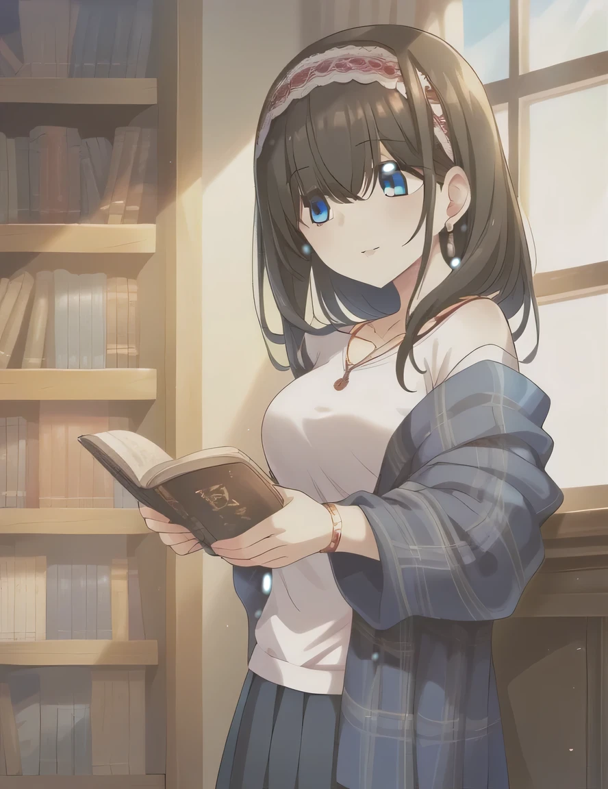 score_9, score_8_up, score_7_up, source_anime,
1girl, cute female, solo, shy, stnding, reading a book, brown book, smile, from side,
indoors, library, sunlight, window,  bookshelf, 
 sgswfmk, long hair, brown hair, black hair, long bangs, (hair over eyes:1.1), blue eyes, large breasts, 
red hairband,
lipstic, detailed eyes, eyelashes, eyeliner, jewelry, necklace, bracelet, earrings, 
casual dress,  sweater,  off shoulder, collarbone,  long sleeves, pleated skirt, belt, pantyhose,  plaid shawl,