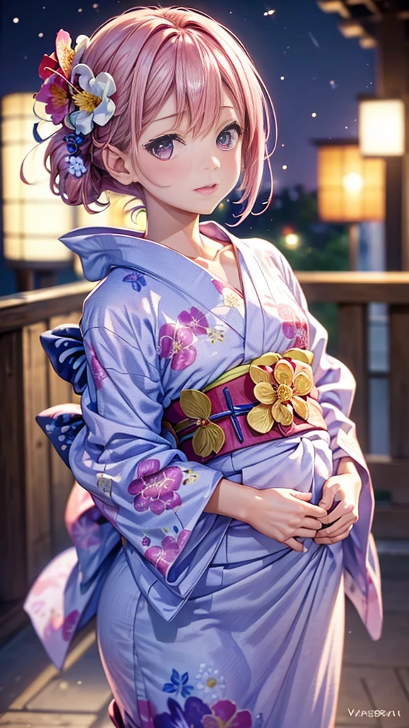 (masterpiece, highest quality:1.4), Beautiful Face, 8k, 85mm, Absurd, (Floral Yukata:1.4), Face close-up, violet, Gardenia, Delicate girl, alone, night, View your viewers, Upper Body, Film Grain, chromatic aberration, Sharp focus, Face Light, Professional Lighting, Sophisticated, (smile:0.4), (Simple Background, Bokeh Background:1.2), detailed aspects,(((Show me one nipple:0.57))),((Very young and small:1.2),(Pink hair with flowers:1),((Show me the vagina:1.2)),(Semen flowing from the vagina),(Vaginal womanizer),