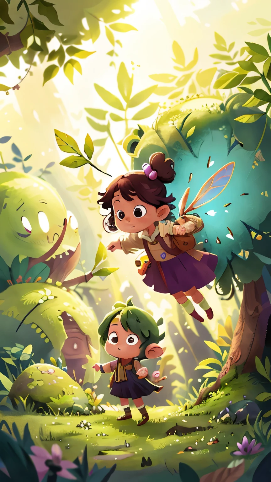 A girl an a fairy switching lives. The background is magical