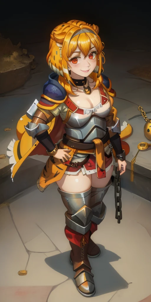 Masterpiece, (flat black background:1.2) solo, detailed face, intricate iris, thick lips, robot girl, (gold and white skin), realistic illustration of a (cyborg girl), (RED eyes), IvoryGoldAI, (freckles),(holding BREATHTAKING:1.2), (gold and white armor:1.2), (looking at viewer:1.2), parted lips, standing straight symmetrical, looking at viewer, lustful smirking smile face red blushed red cheeks, thick thighs, thigh highs, thigh, boots, armor, armored boots, full body armor, bikini armor, big breastplate, pauldron, bracers, leather black choker, tiger claws gloves, short bob white haircut, helmeted, metal shoulders, red long loincloth, longest blue cape reach to the waist, shackles and chains wristbands