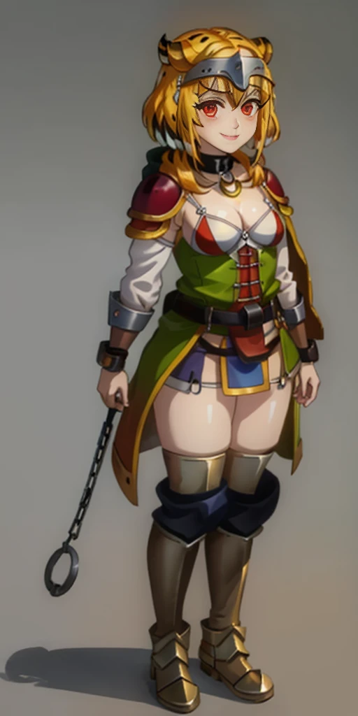 Masterpiece, (flat black background:1.2) solo, detailed face, intricate iris, thick lips, robot girl, (gold and white skin), realistic illustration of a (cyborg girl), (RED eyes), IvoryGoldAI, (freckles),(holding BREATHTAKING:1.2), (gold and white armor:1.2), (looking at viewer:1.2), parted lips, standing straight symmetrical, looking at viewer, lustful smirking smile face red blushed red cheeks, thick thighs, thigh highs, thigh, boots, armor, armored boots, full body armor, bikini armor, big breastplate, pauldron, bracers, leather black choker, tiger claws gloves, short bob white haircut, helmeted, metal shoulders, red long loincloth, longest blue cape reach to the waist, shackles and chains wristbands