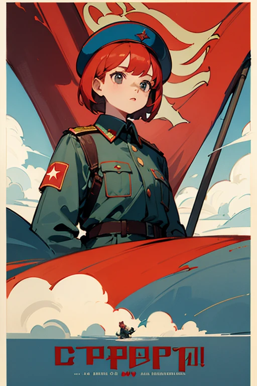1girl, red hair, short hair, sky, cccp poster, Soviet soldier, cccp flag, cccp
