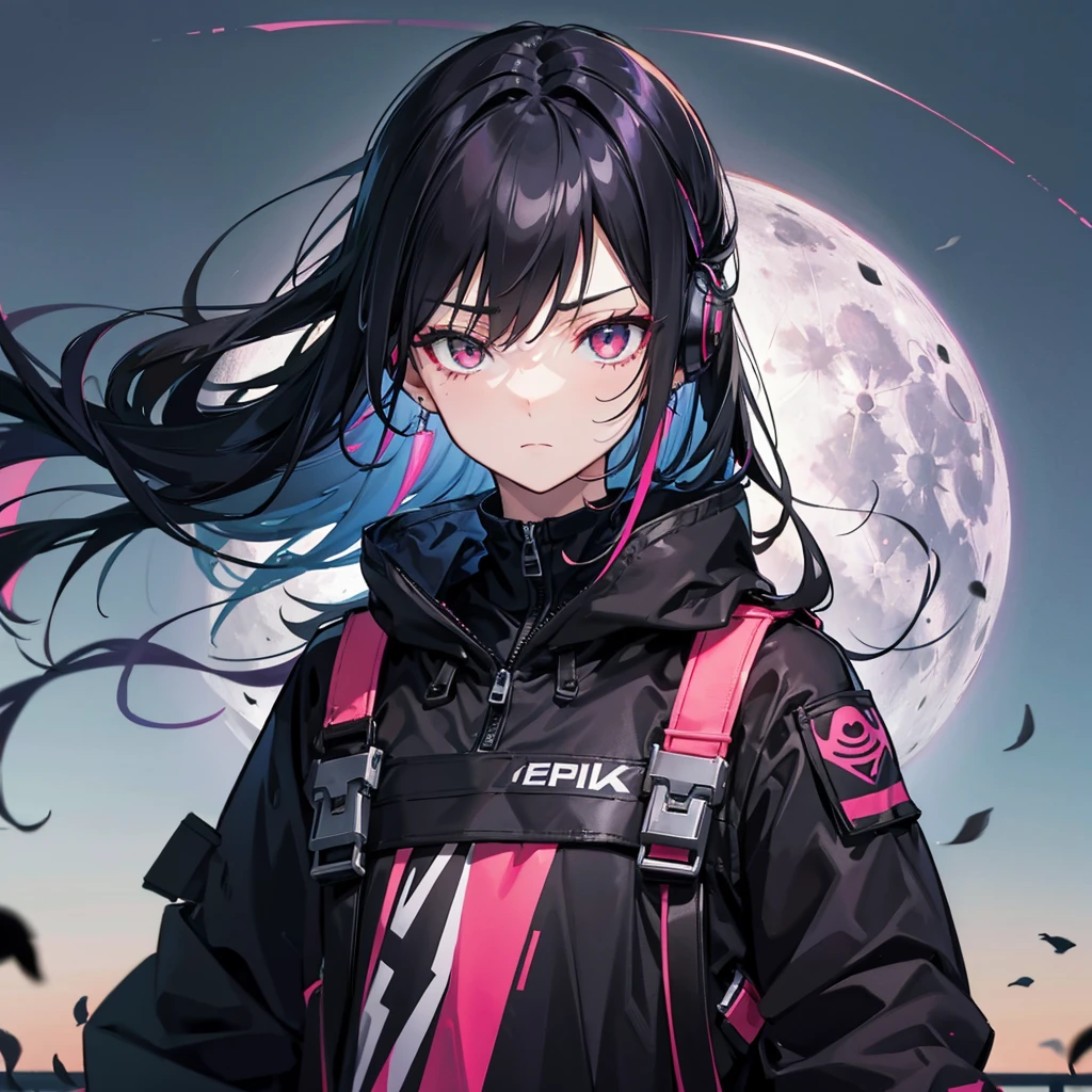 ((Black Hair　Long Hair　sniper rifle　Close one eye)，((Crow　night　Red full moon))，(Rooftop　Drop shoulder　Sailor suit　cyber punk　Shiny earrings　Neon Pink　Neon Blue　purple)，　Jetpack　Sweat　A tense look　Rin々Funny face　Headphones