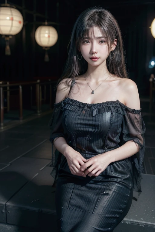 (Huge 、Black see-through off-shoulder mermaid dress、Shoulder bag)、(highest quality,masterpiece:1.3,超A high resolution,),(Very detailed,Caustics),(Realistic:1.4,RAW shooting,)Ultra-Realistic Capture,Very detailed,High resolution 16K suitable for human skin、 Natural skin texture、、Skin tone is even and healthy looking、 Use natural light and color,One Woman,Japanese,,cute,Gray curly hair,Middle Hair,(Written boundary depth、chromatic aberration、、Wide range of lighting、Natural Shading、)、(Hair swaying in the wind:1.2)、Tokyo cityscape、Large earrings、Necklace around the neck