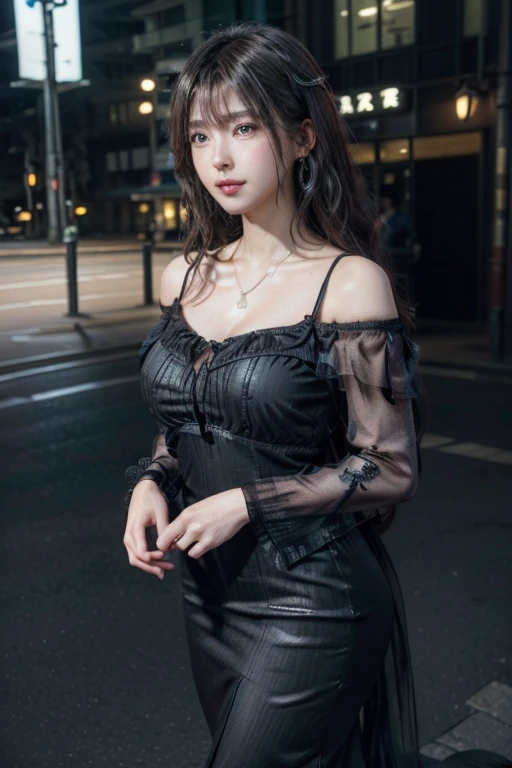 (Huge breasts 、A see-through off-the-shoulder Chinese dress made of dark blue latex material、（The chest area is highly transparent）、Shoulder bag)、(highest quality,masterpiece:1.3,超A high resolution,),(Very detailed,Caustics),(Realistic:1.4,RAW shooting,)Ultra-Realistic Capture,Very detailed,High resolution 16K suitable for human skin、 Natural skin texture、、Skin tone is even and healthy looking、 Use natural light and color,One Woman,Japanese,,cute,Gray curly hair,Middle Hair,(Written boundary depth、chromatic aberration、、Wide range of lighting、Natural Shading、)、(Hair swaying in the wind:1.2)、Tokyo cityscape、Big earrings、Necklace around the neck