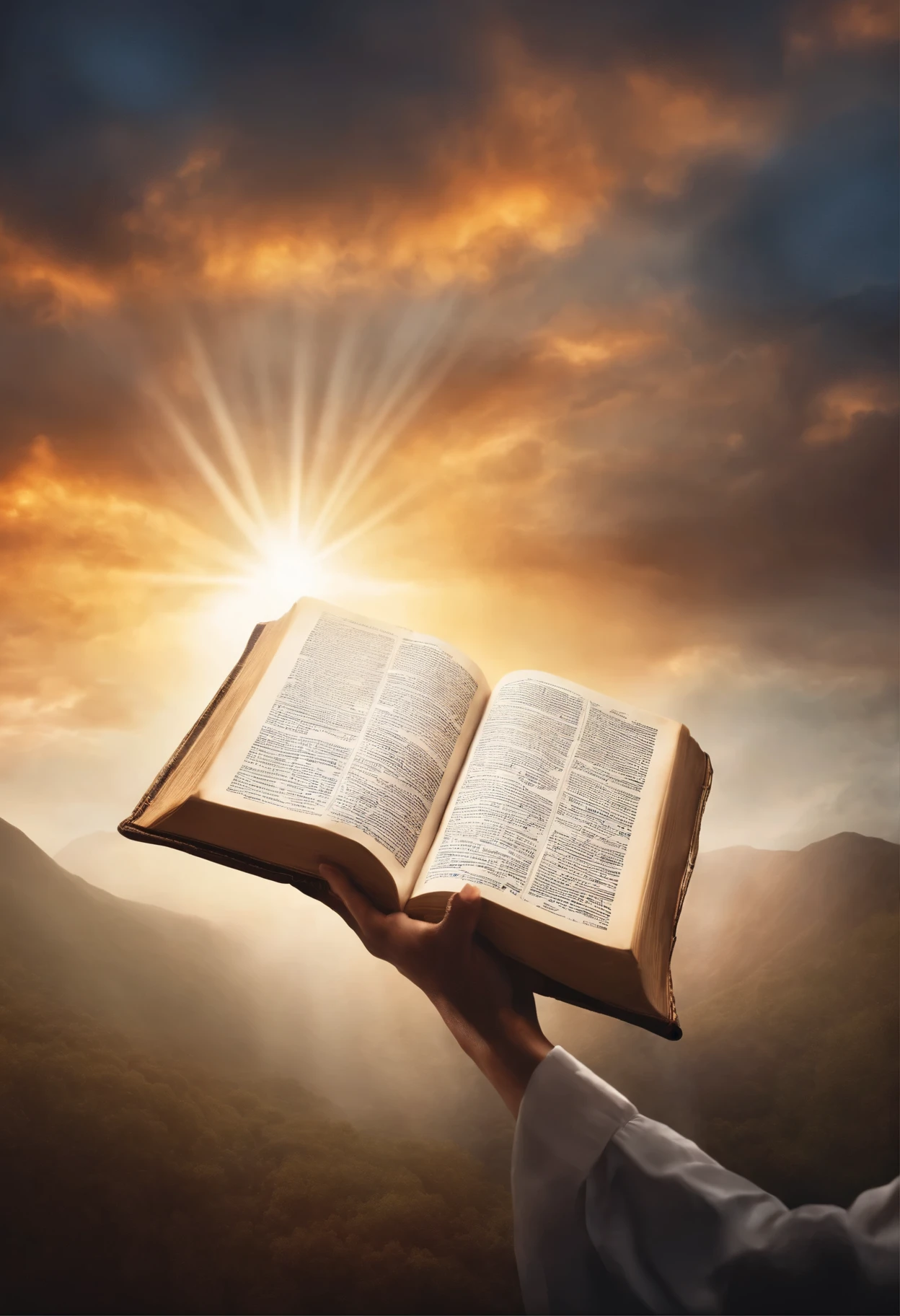 a poster background with only an open Bible, the Bible should be the focus with beams of light shining down on it from the clouds. diverse hands reaching out from the Bible, showing volunteerism,, the background should be light like the sky