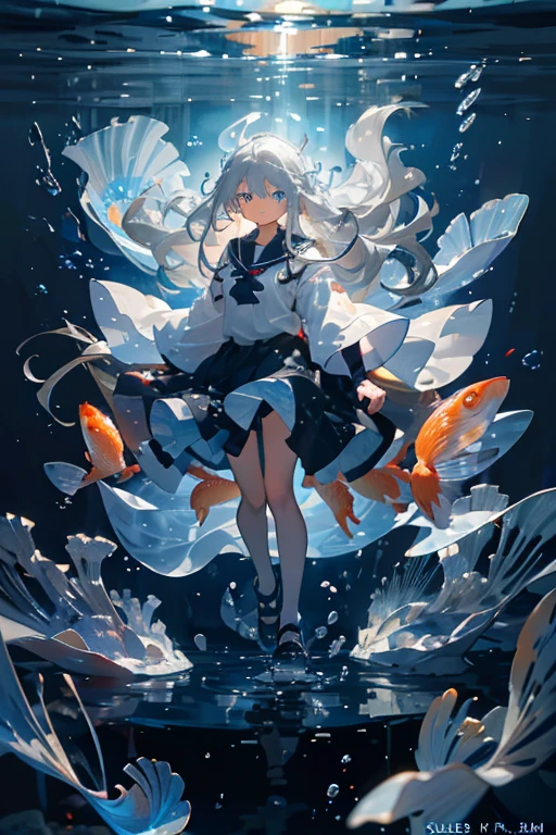 (masutepiece), (Best Quality), Highly detailed, 1girl in, Solo Full Body Shot, Perfect face, Anime Beautiful Girl, extra detailed face,(Long gray hair:1.5),(Blue eyes:1.4),(Floating hair:1.4),(under the water:1.4),ocean floor,AngelT,foam,Jellyfish,sea weed,the reef,sink