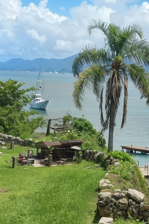 there is a boat that is in the water near a grassy area, a portrait by Nándor Katona, instagram, belas artes, navio pirata ao fundo, shot from 50 feet away, Visualizar, pirate scene, From a distance, Visualizar From a distance, paradise in the background, tirada no iphone 14 pro, Description, baleado From a distance