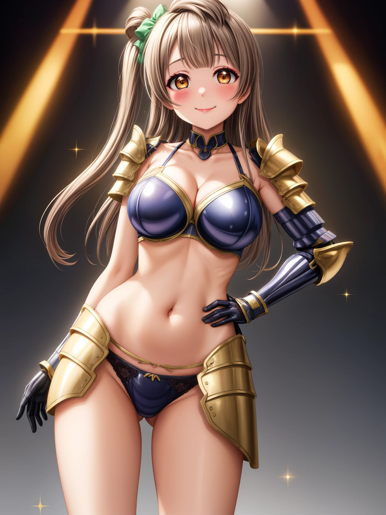 Masterpiece, best quality,Minami kotori,volumetric lighting, illustration, beautiful, tight , Blushing,breasts, blush, smile, bangs, large_breasts, (navel:1.3), cleavage, closed_mouth, standing, collarbone, cowboy_shot, midriff, latex panties, blunt_bangs, crop_top, (armour:1.2),hand_on_hip, sparkle, makeup, straight_hair, wide_hips, contrapposto, narrow_waist